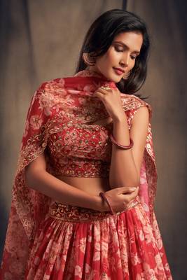 Red Floral Print & Sequins Embroidered Organza Floral Lehenga 2