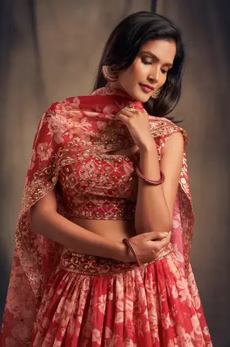 Red Floral Print & Sequins Embroidered Organza Floral Lehenga