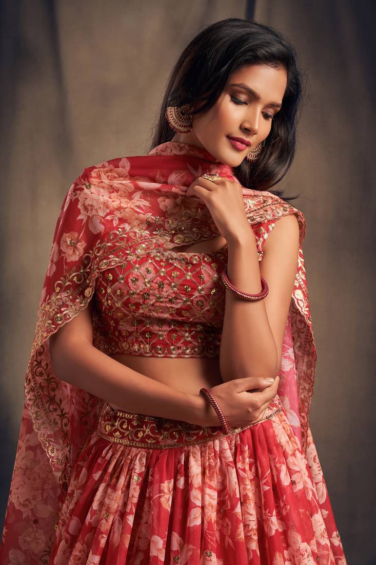 Red Floral Print & Sequins Embroidered Organza Floral Lehenga