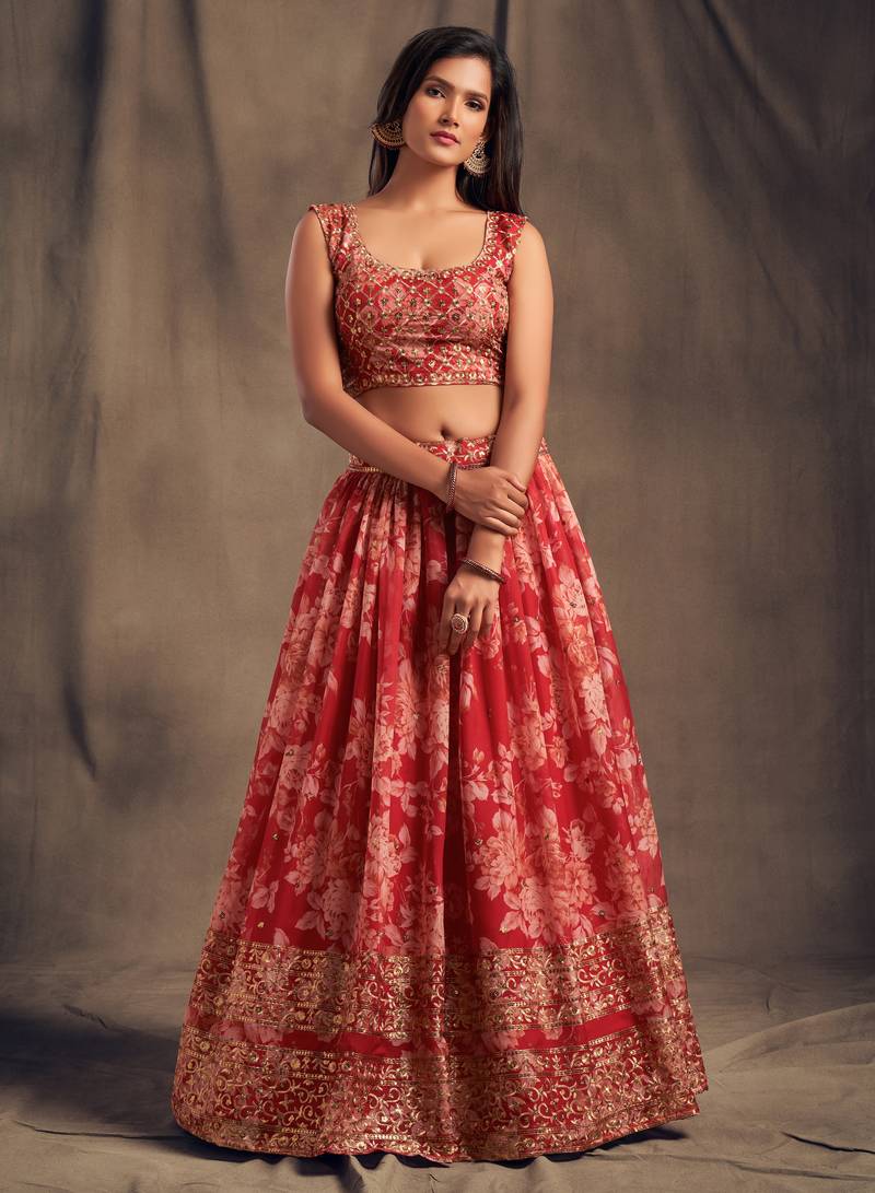 Red Floral Print & Sequins Embroidered Organza Floral Lehenga