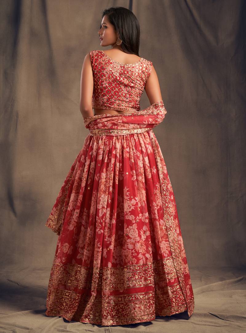 Red Floral Print & Sequins Embroidered Organza Floral Lehenga