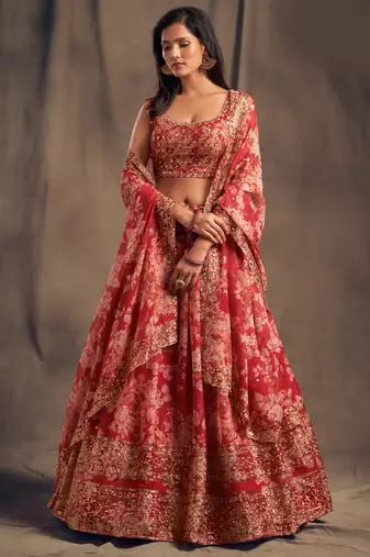 Red Floral Print & Sequins Embroidered Organza Floral Lehenga