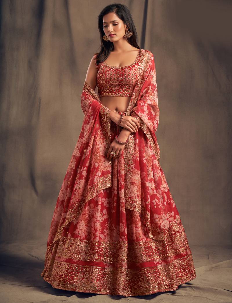 Red Floral Print & Sequins Embroidered Organza Floral Lehenga