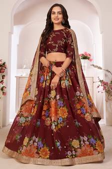  Maroon Floral Print Georgette Lehenga Choli