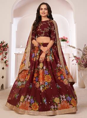  Maroon Floral Print Georgette Lehenga Choli 1