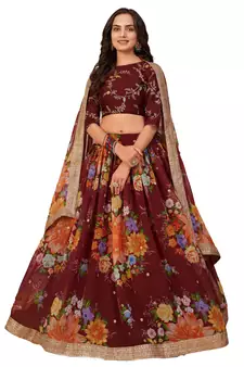 Charming Maroon floral print georgette fabric Lehenga choli