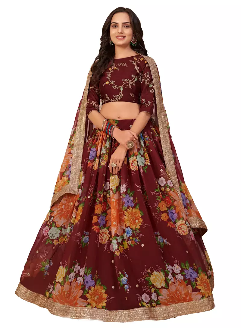 Charming Maroon floral print georgette fabric Lehenga choli