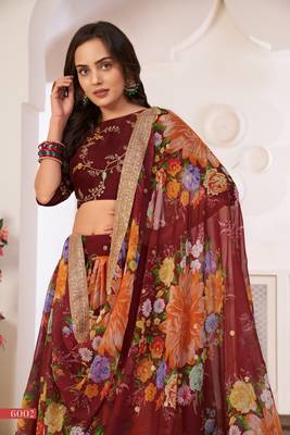  Maroon Floral Print Georgette Lehenga Choli 2