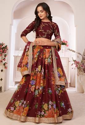  Maroon Floral Print Georgette Lehenga Choli 3