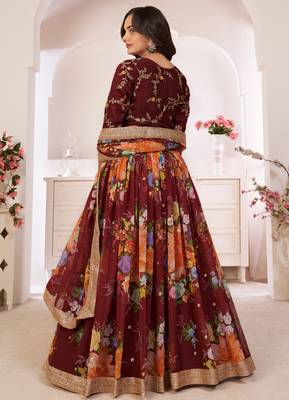  Maroon Floral Print Georgette Lehenga Choli 4