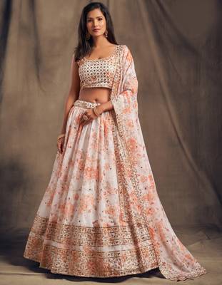  White Zari And Sequins Embroidered Organza Semi Stitched Roses Printed Floral Lehenga 1