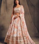  White Zari And Sequins Embroidered Organza Semi Stitched Roses Printed Floral Lehenga