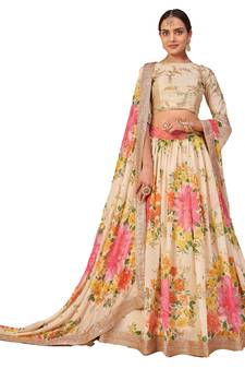 Fabulous White Zari And Sequins Embroidered Organza Semi Stitched Roses Printed Floral Lehenga