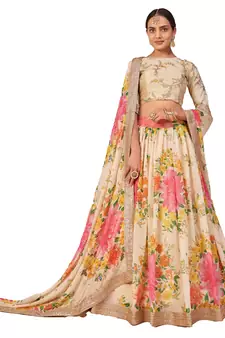 Fabulous White Zari And Sequins Embroidered Organza Semi Stitched Roses Printed Floral Lehenga