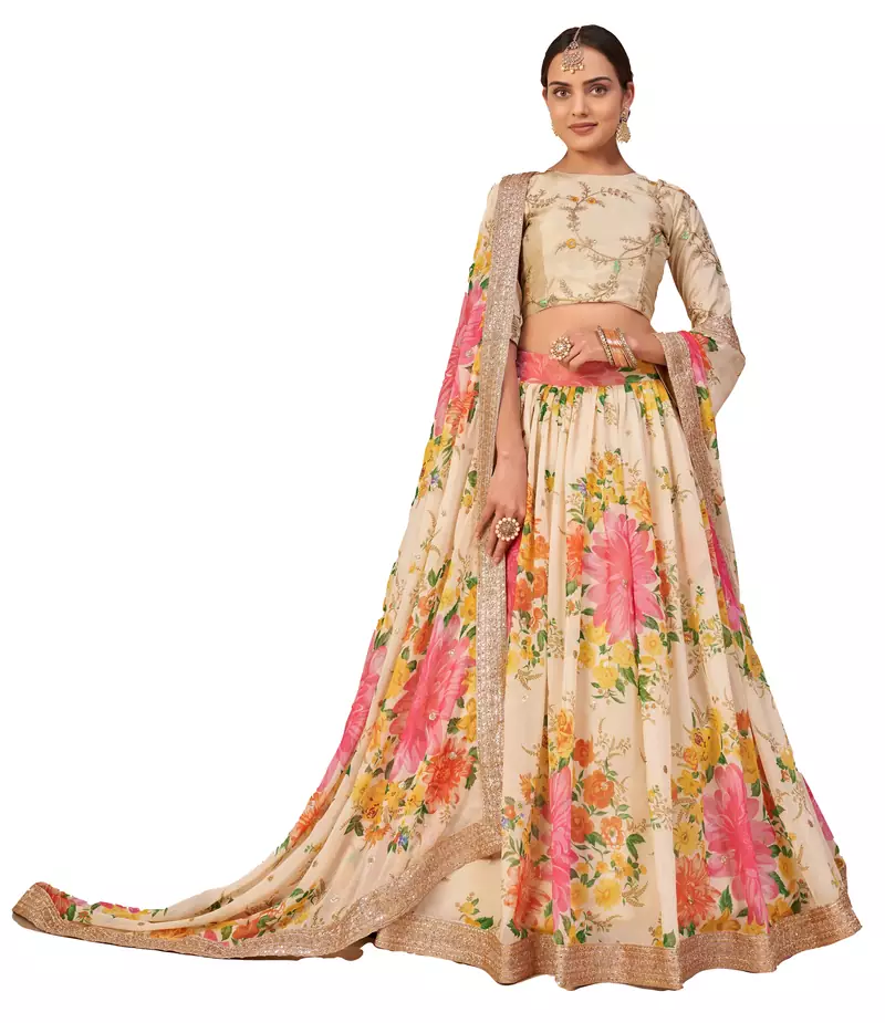 Fabulous White Zari And Sequins Embroidered Organza Semi Stitched Roses Printed Floral Lehenga