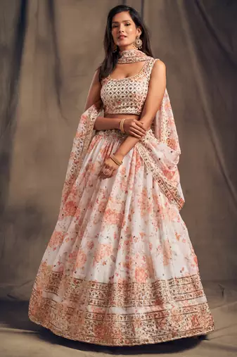  White Zari And Sequins Embroidered Organza Semi Stitched Roses Printed Floral Lehenga