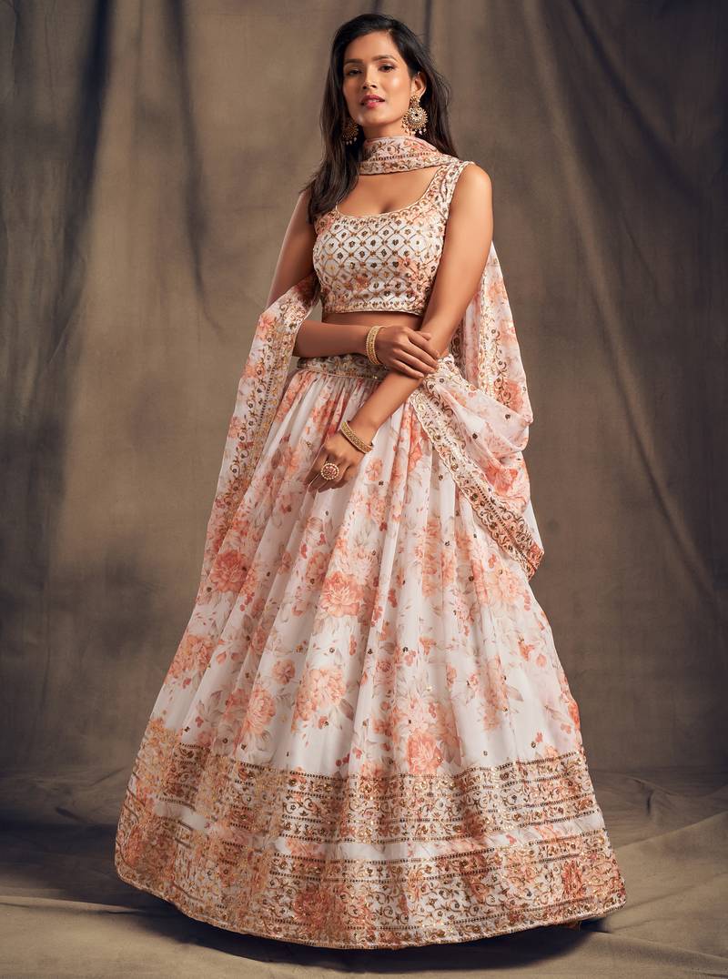  White Zari And Sequins Embroidered Organza Semi Stitched Roses Printed Floral Lehenga