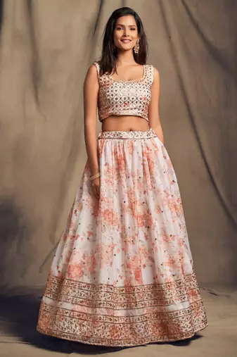  White Zari And Sequins Embroidered Organza Semi Stitched Roses Printed Floral Lehenga