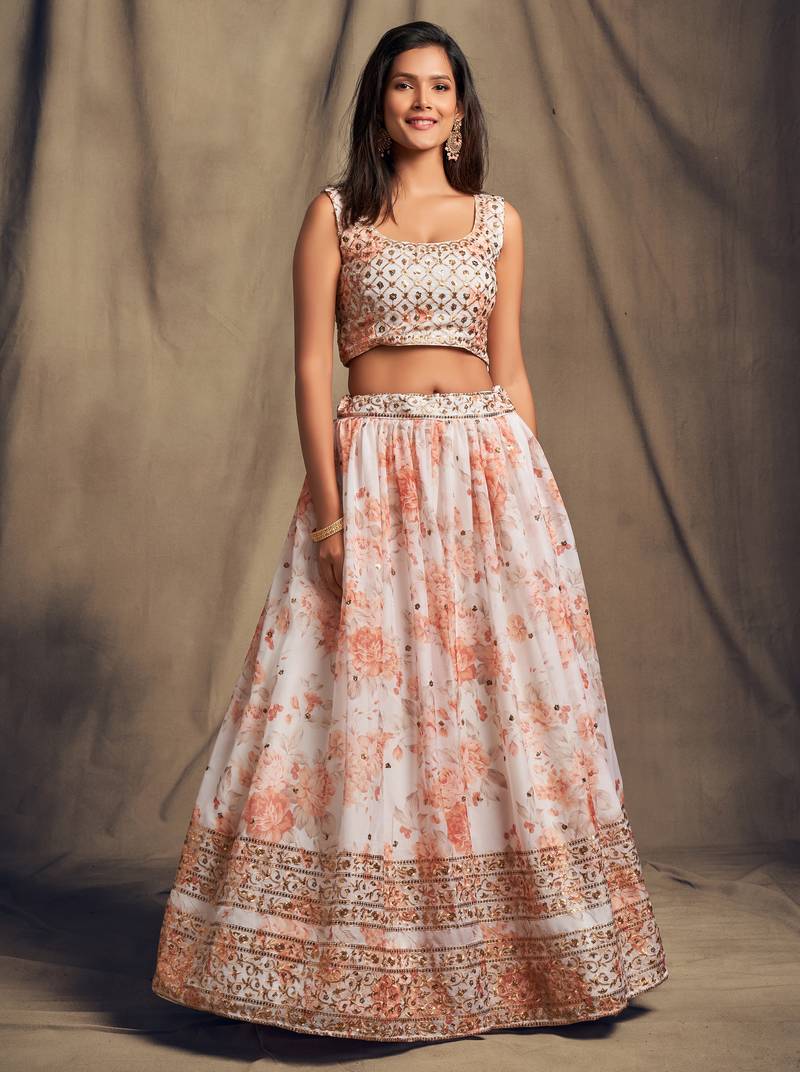 White Zari And Sequins Embroidered Organza Semi Stitched Roses Printed Floral Lehenga