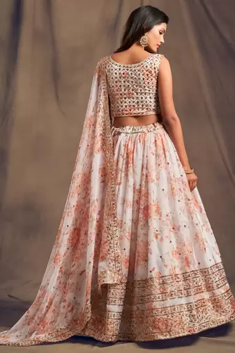  White Zari And Sequins Embroidered Organza Semi Stitched Roses Printed Floral Lehenga