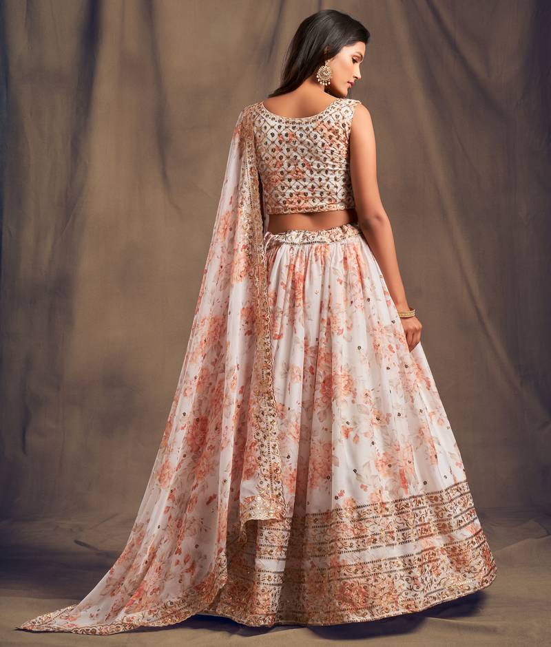  White Zari And Sequins Embroidered Organza Semi Stitched Roses Printed Floral Lehenga