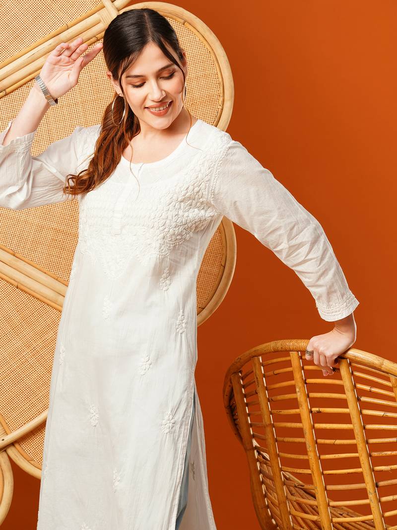 Hand Embroidered White Cotton Lucknowi Chikankari Women Kurta