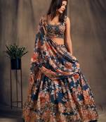 Dove Blue Sequins and Zari Embroidered On Digital Printed Organza fabric indian wedding floral lehenga dress