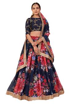Glamourous Navy-blue floral print georgette designer floral Lehenga choli