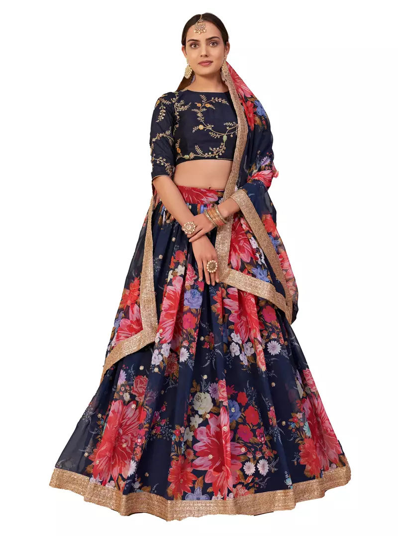 Glamourous Navy-blue floral print georgette designer floral Lehenga choli