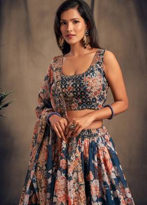Dove Blue Sequins and Zari Embroidered On Digital Printed Organza fabric indian wedding floral lehenga dress 2