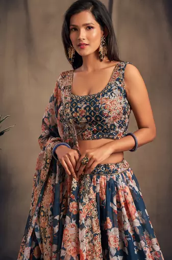 Dove Blue Sequins and Zari Embroidered On Digital Printed Organza fabric indian wedding floral lehenga dress