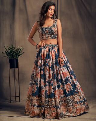 Dove Blue Sequins and Zari Embroidered On Digital Printed Organza fabric indian wedding floral lehenga dress 3