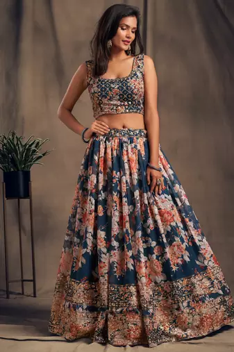 Dove Blue Sequins and Zari Embroidered On Digital Printed Organza fabric indian wedding floral lehenga dress