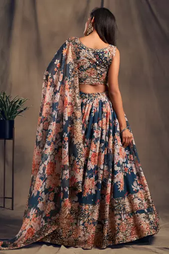 Dove Blue Sequins and Zari Embroidered On Digital Printed Organza fabric indian wedding floral lehenga dress