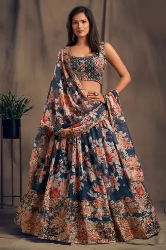 Dove Blue Sequins and Zari Embroidered On Digital Printed Organza fabric indian wedding floral lehenga dress
