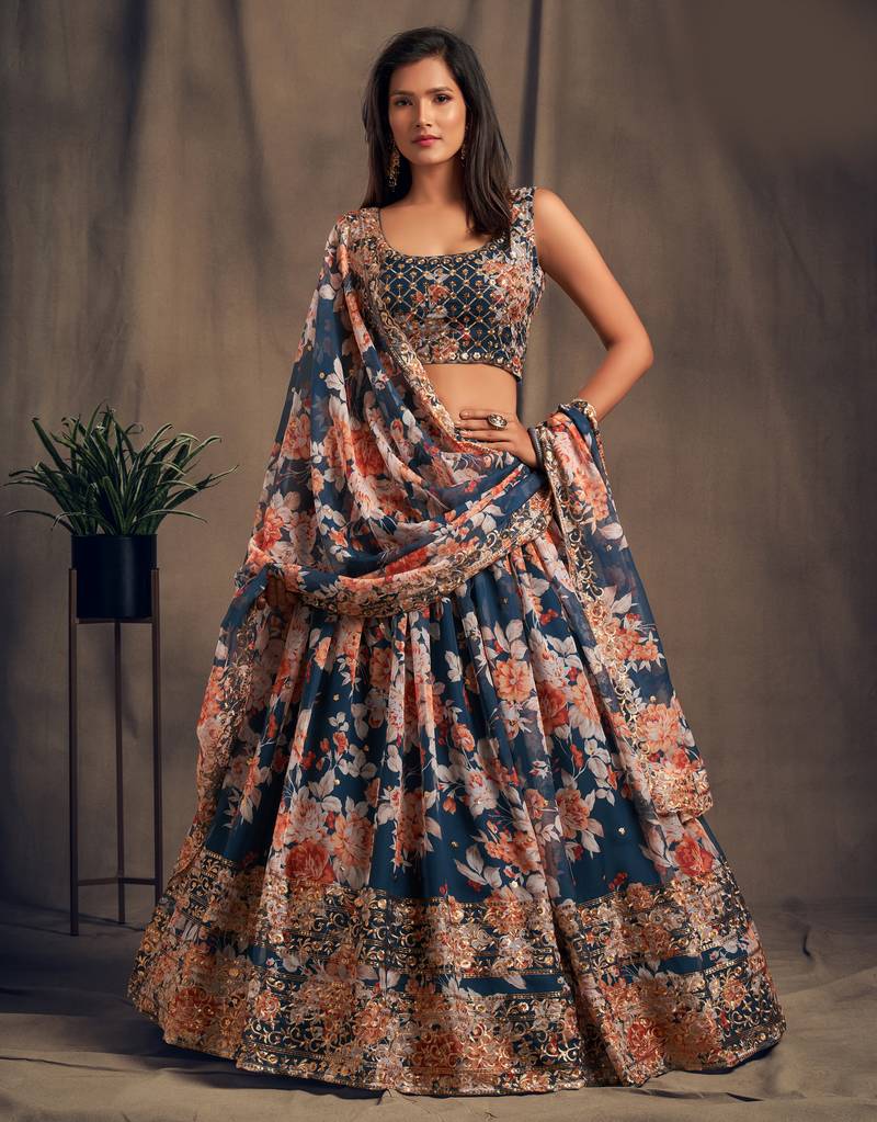 Dove Blue Sequins and Zari Embroidered On Digital Printed Organza fabric indian wedding floral lehenga dress