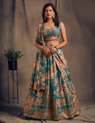 Teal Blue and Orange Floral Printed Organza Lehenga  1