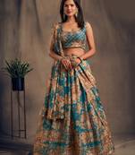 Teal Blue and Orange Floral Printed Organza Lehenga 