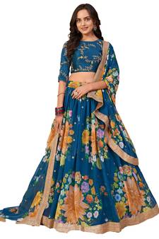 Enchanting Teal blue floral print and sequins embroidered organza floral Lehenga choli for wedding