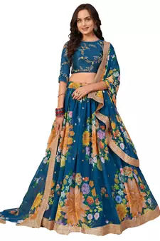 Enchanting Teal blue floral print and sequins embroidered organza floral Lehenga choli for wedding