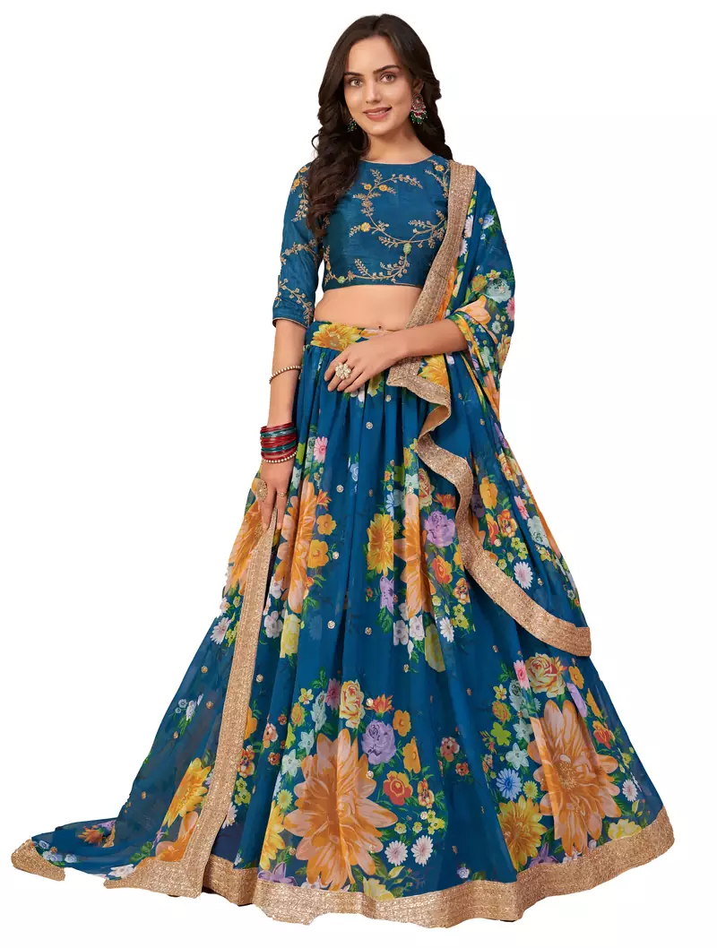Enchanting Teal blue floral print and sequins embroidered organza floral Lehenga choli for wedding