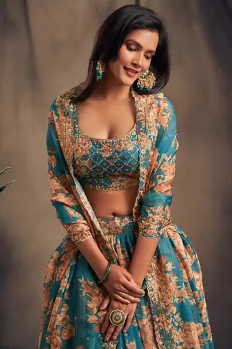 Teal Blue and Orange Floral Printed Organza Lehenga 