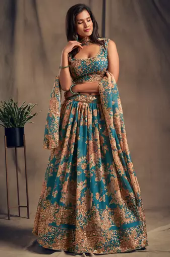 Teal Blue and Orange Floral Printed Organza Lehenga 