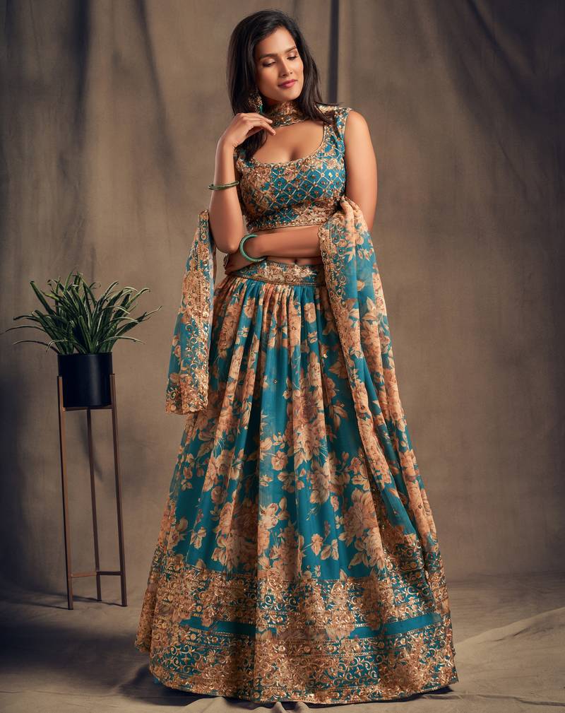 Teal Blue and Orange Floral Printed Organza Lehenga 