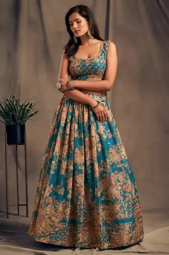 Teal Blue and Orange Floral Printed Organza Lehenga 