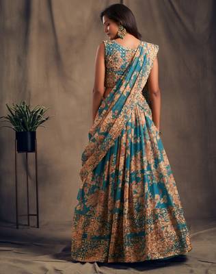 Teal Blue and Orange Floral Printed Organza Lehenga  5