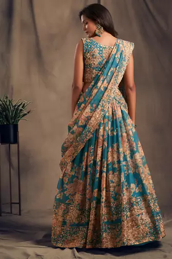 Teal Blue and Orange Floral Printed Organza Lehenga 