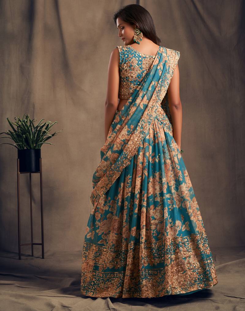 Teal Blue and Orange Floral Printed Organza Lehenga 
