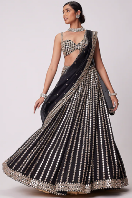 Black Zari Embroidered with Paper Mirror work Organza indian lehenga choli dress 1