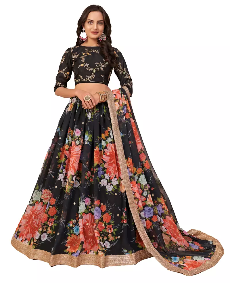 Black Organza Lehenga Choli With Mirror work and Embroidery